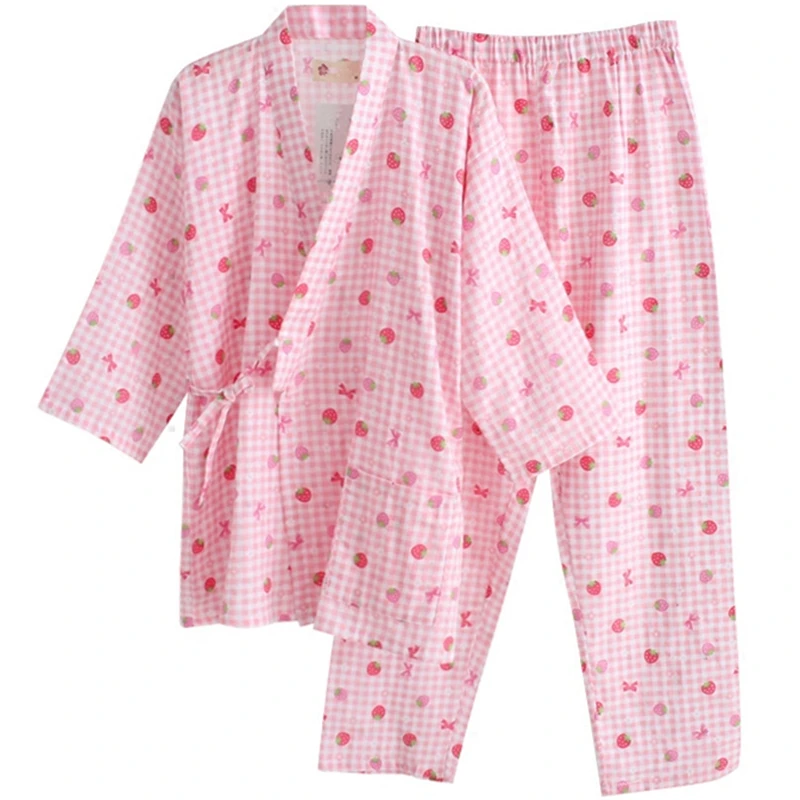 Принцесса сладкий Лолита пижамы японский клубника девушка хлопок газовое кимоно домашний костюм хлопок и брюки пижамы QQ060