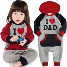 I Love Mon Dad Baby Letter Print Unisex Long Sleeve Cotton Blend Button Romper Jumpsuit Hoodie For Autum Winter