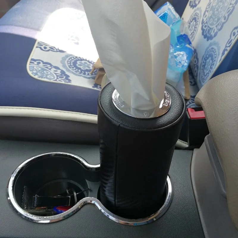 Car Cup Holder Tissues,MoreChioce ABS PU Leather Tissue Dispenser Car Tissue Tube Box Universal Cylinder Napkin Holder Multipurpose Trash Bin for Car Vehicle Bathroom Office,Black