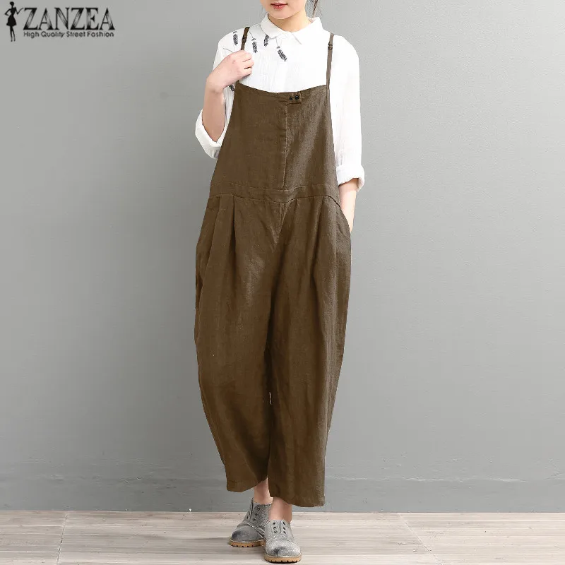 2018 ZANZEA Women Casual Strappy Pockets Loose Solid