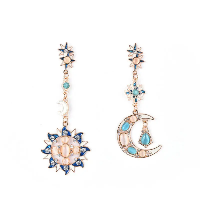 Water Drop Earrings for Women Unique Rhinestone Sun Moon Star Long Dangle Earrings Exaggerated Vintage Bohemia Multicolor