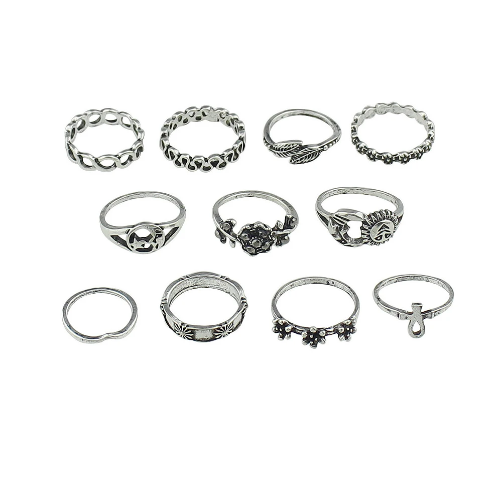 11pcs/set Boho Punk Antique Gold-Color Silver Color Knuckle Ring Flower Leaf Sun Shape Set Jewelry For Women Accessories | Украшения и
