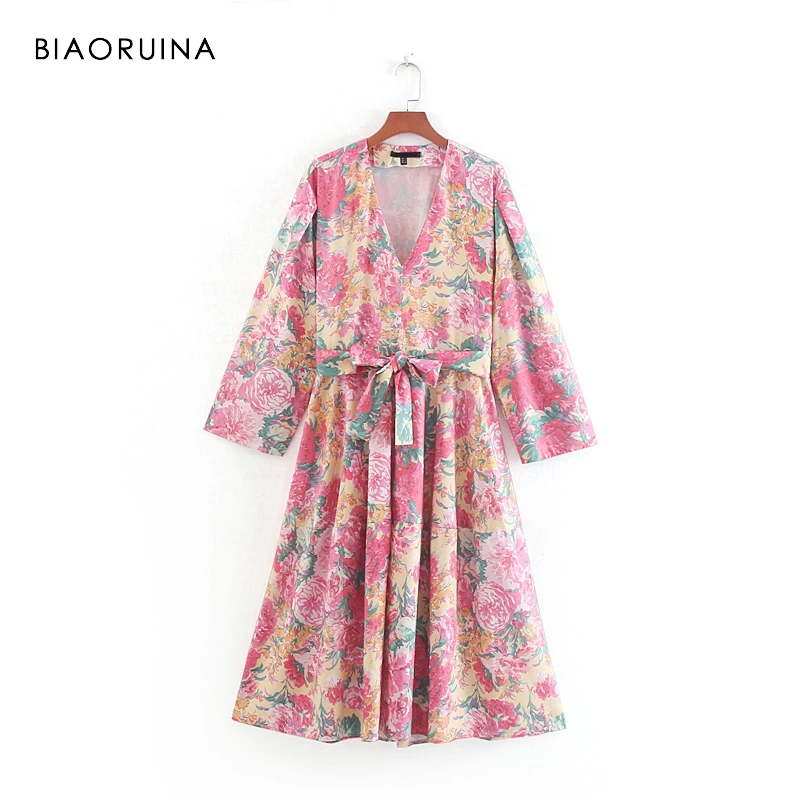 

BIAORUINA Women's Holiday Beach Style Floral Printed Midi Dress Female Casual High Waist V-neck A-line Dress Summer New Arrival