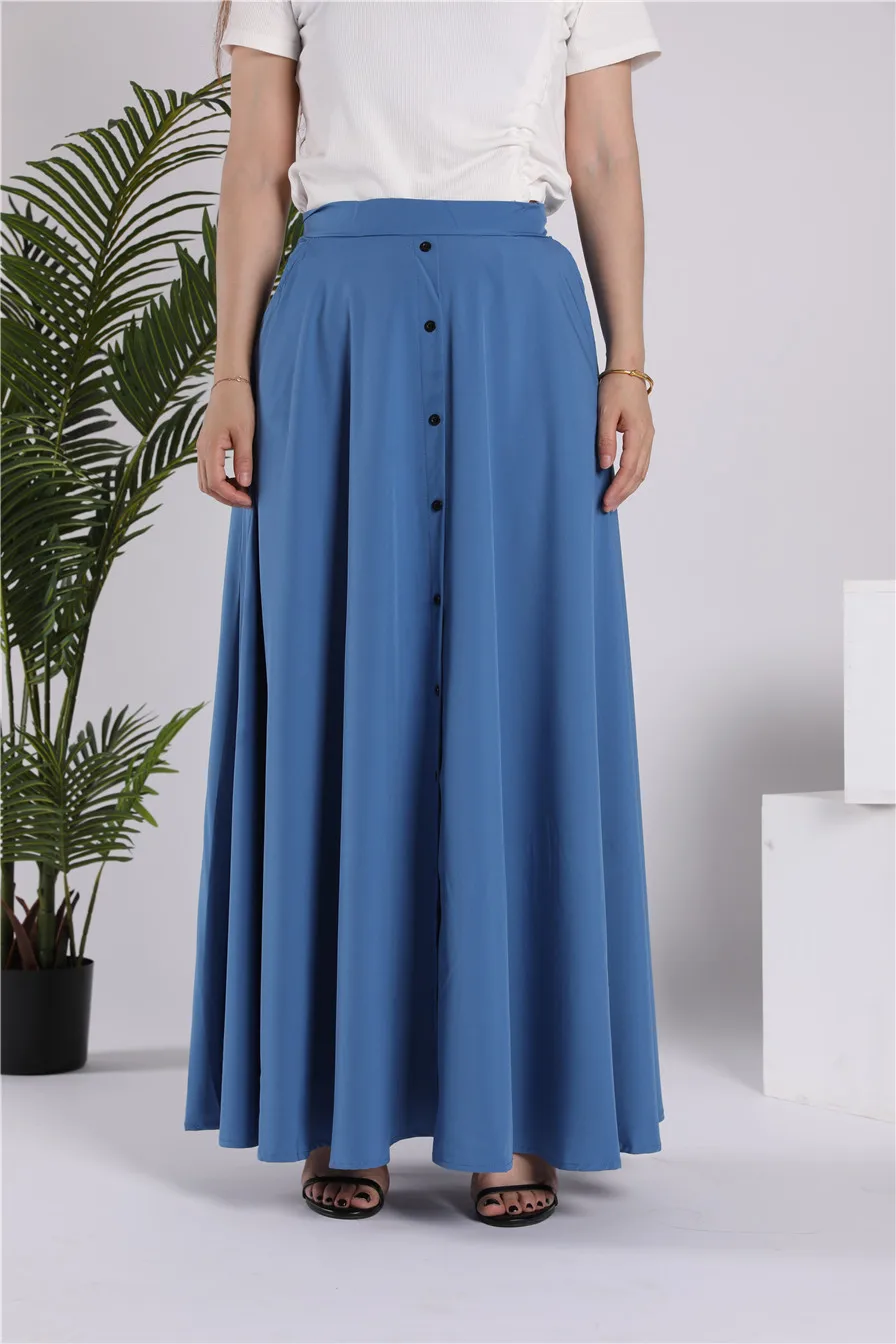 WEPBEL Arab Dubai Fashion Muslim Women Long Skirt High Waist Button Pure Color Big Pendulum Plus Size Elegant S-5XL