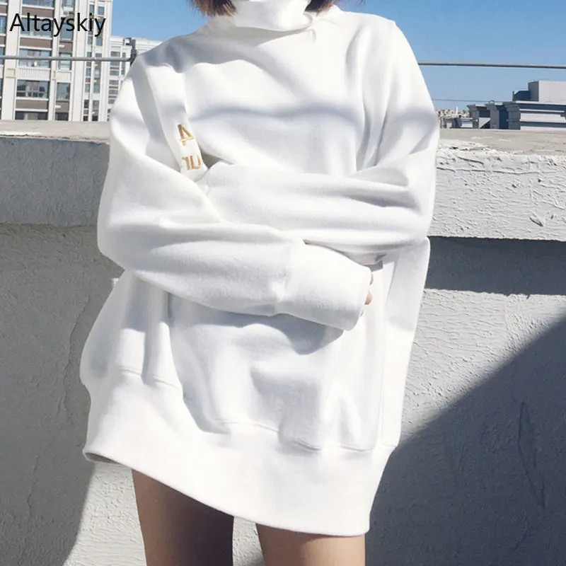 

Hoodies Women Long-sleeve Chic Warm Soft Fashion Elegant High-quality All-match Daily Simple White Casual Pullovers Turtleneck