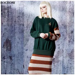 2018 Bochoni новый парчи шить Длинные рукава Свободные повседневные европейских и американских платье