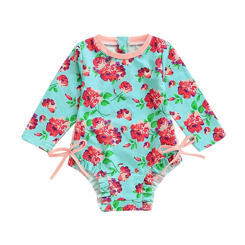 Детские купальники для девочек; Детские бикини с длинным рукавом для девочек; пляжный Цельный купальник с цветочным принтом; costumi da bagno bimba A1 - Цвет: 18-24 Months