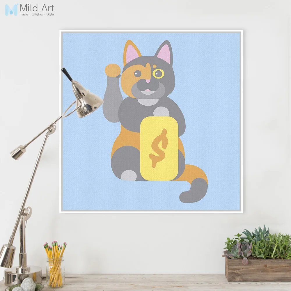 Японский Maneki Neko Cat синий Современный абстрактный постер с принтом хипстер