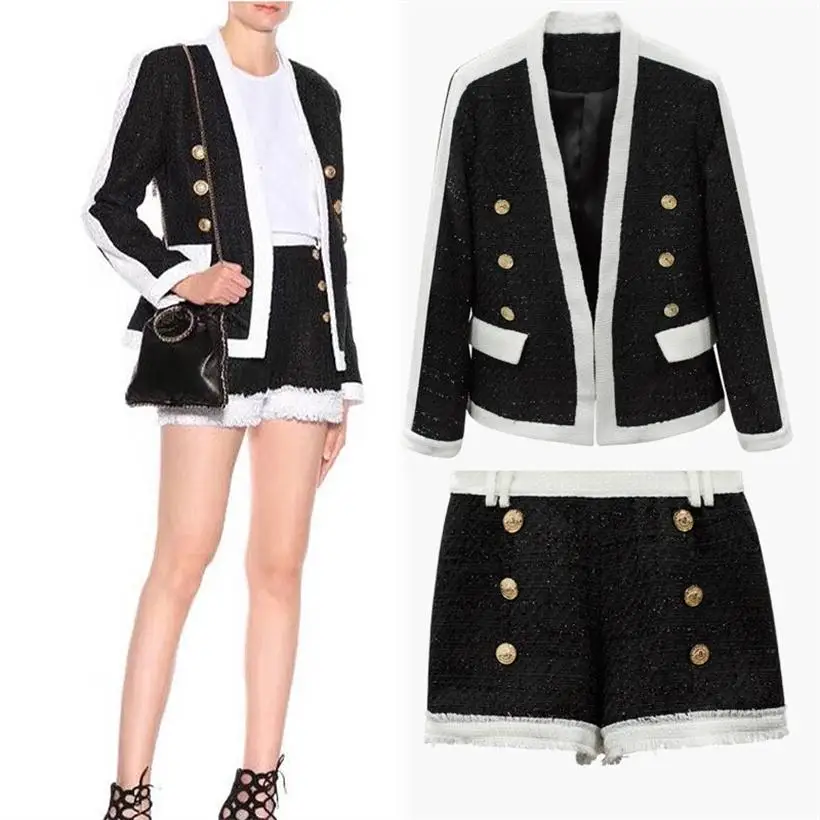 

Runway 2019 Suit Set Black and White Patchwork Women Gold Lion Buttons Double Breasted Tweed Blazer Coat+Wool Tassels Short Suit