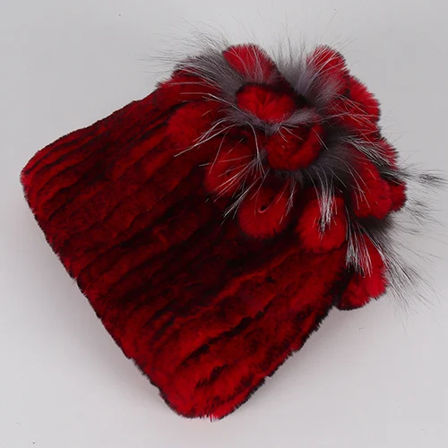Хорошая эластичная вязаная женская шапка из меха кролика Рекс, зимняя теплая шапка из натурального меха, шапка в полоску, топ с цветком из лисьего меха, шапки s - Цвет: COLOR 12