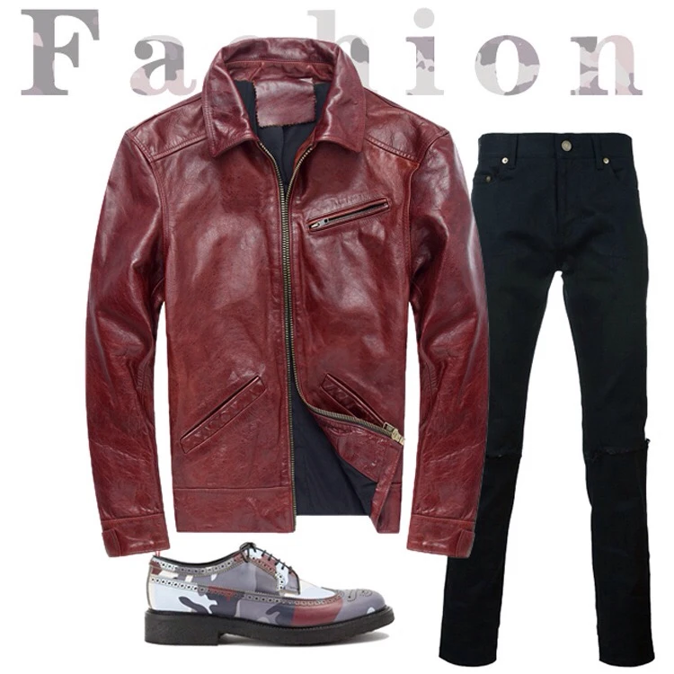 Men Casual Leather Jacket Red Color Plus Size XXXXL Genuine Thick Cowhide Clothing Men's Winter Warm Slim Fit Leather Coat (16)