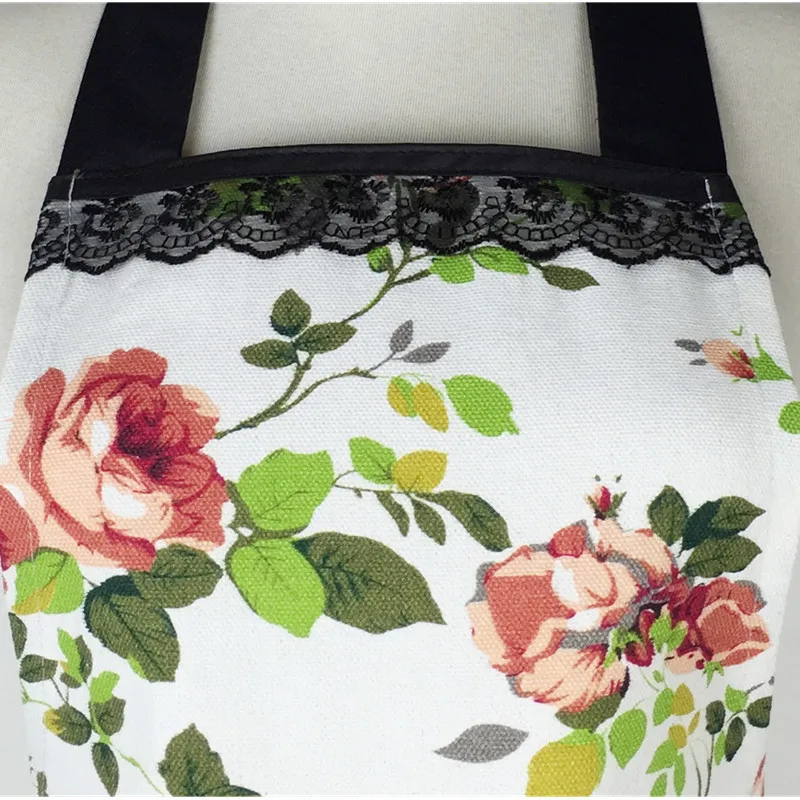 XiuMood Apron Kitchen Cooking Baking Chef Aprons For Woman Restaurant Waitress Work Bib Canvas Flowers With Black Lace Pockets