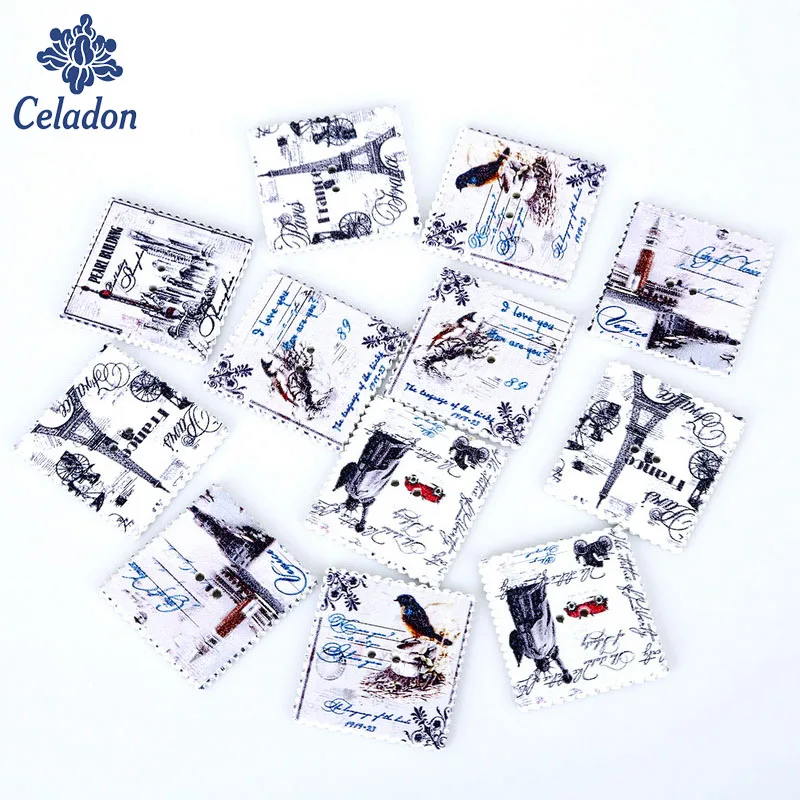 

50pcs 31X33mm Wooden Sewing Buttons Fascinating Tower/Bird Stamp Pattern Handmade Scrapbooking Craft Cloth Accessories