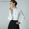 Elegant White Blouse Cotton Women Top Lantern Long Sleeve Beaded Shirt Stand Collar Spring Autumn Office Working Wear Blouses ► Photo 3/6