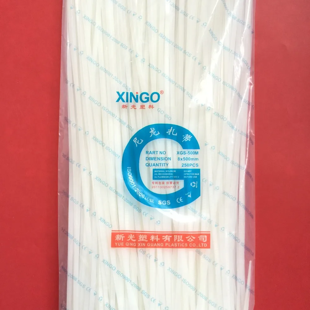 

250Pcs/pack 8*500mm High Quality width 5.2mm White Color Factory Standard Self-locking Plastic Nylon Cable Ties,Wire Zip Tie