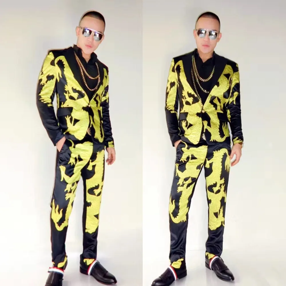 2017 Fashion New male singer DJ GD Black Dragon Robe Suits