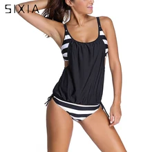 Sexy Black Striped Two Pieces Large Size Tankini Women Plus Size Two Piece Swimwear 2017 Female Bikini Set Push Up Swimsuit XXXL large size swimwear two pieces sexy women print bikini set push up swimwear plus size mid waist beach wear swimsuit