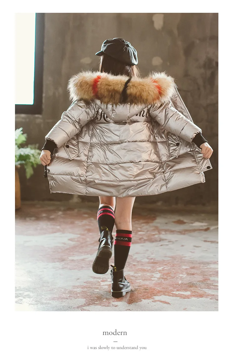 Girls Winter Clothes Kids Coats Warm Fur Collar Hooded long down Coats Girls Hot stamping Space suit Jackets