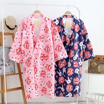

Winter Thicker Kimono Robe for Women Winter Bathrobe Long Sleeve Sakura Rabbits Print Dressing Gown Japanese Sleepwear