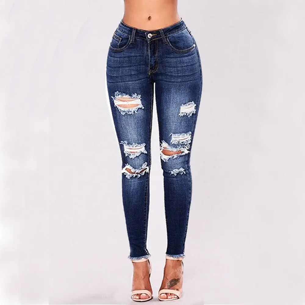 Новые стильные женские высокой талией Узкие рваные джинсовые штаны узкие зауженные джинсы Мотобрюки плюс Размеры 3 вида стилей - Цвет: B