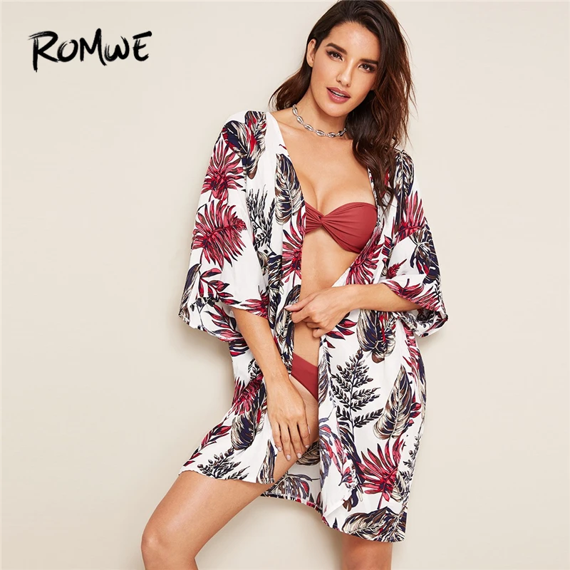 

Romwe Sport Batwing Sleeve Tropical Plants Print Swimwear Cover-ups Women 2019 Beach Vacation Summer Cover-ups