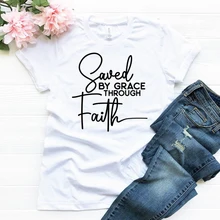 Camiseta feminina inspirado igreja cristã religiosa camiseta de verão tumblr hipster tshirts gráficas salvo pela graça através da fé
