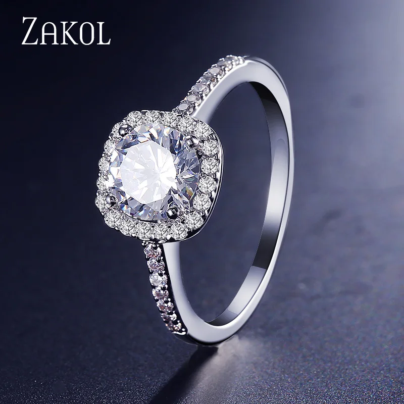 ZAKOL Round CZ Wedding Rings for Women Silver Color Jewelry Luxury Rings Engagement Square Bague Zirconia Accessories FSRP117