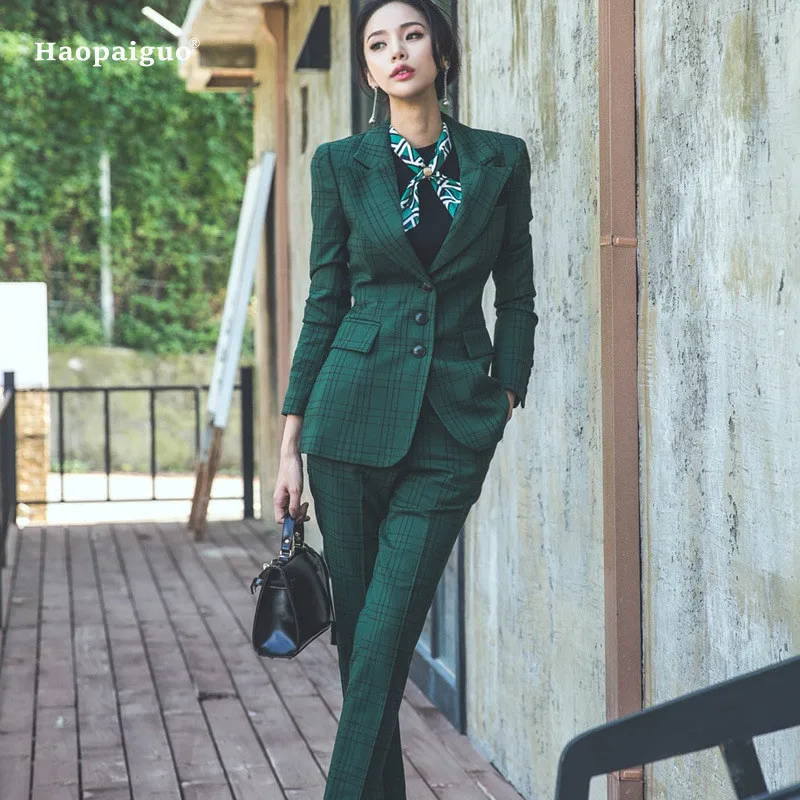 2019 New Autumn Long Blazers Jacket Women's Plaid Suit