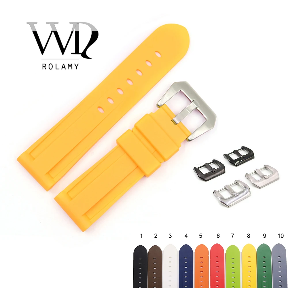 

Rolamy 22 24mm Yellow White Black Orange Brown Waterproof Silicone Rubber Replacement Watch Band Strap For Panerai Luminor