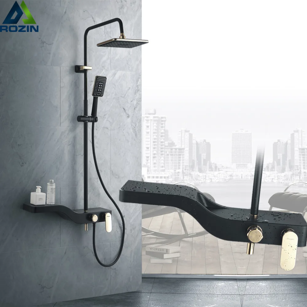 

Black Furniture Shower Faucet with shelf In-wall Bath Shower Set Dual Function Rainfall Shower Head and hand shower Swivel Spout