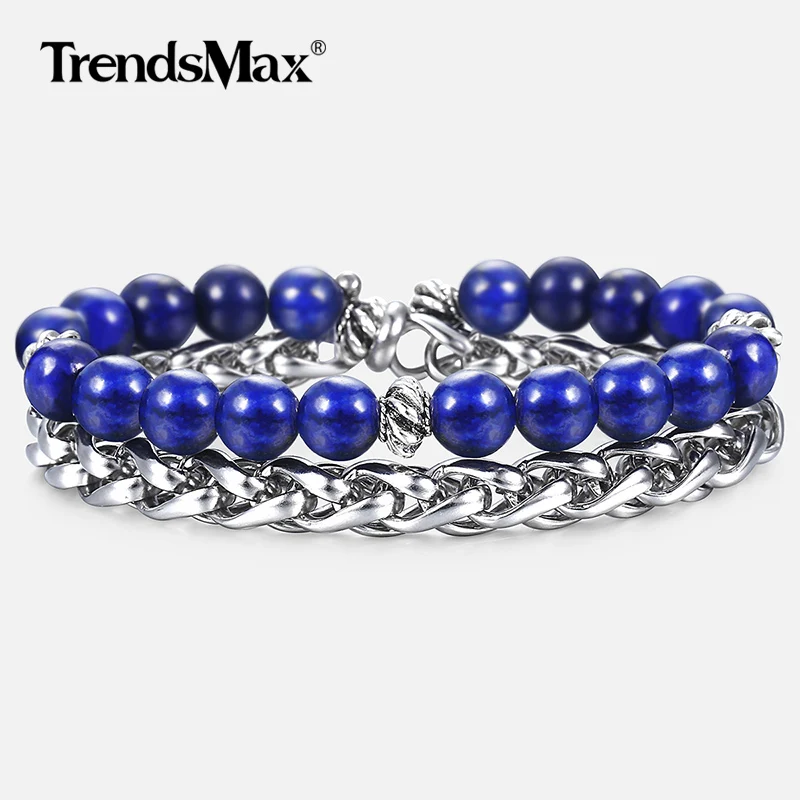 

8mm Lapis Lazuli Tiger Eye Stone Men's Beaded Bracelet Stainless Steel Wheat Link Bracelet Male Wristband Gifts for Men DBM46