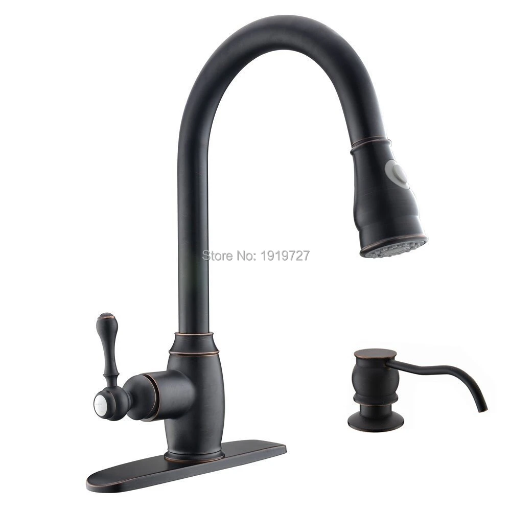 Luxury Classic Oil Rubbed Bronze One Handle High Arc Pulldown Spout Kitchen Sink Faucet ORB Pull Out Spray With Soap Dispenser