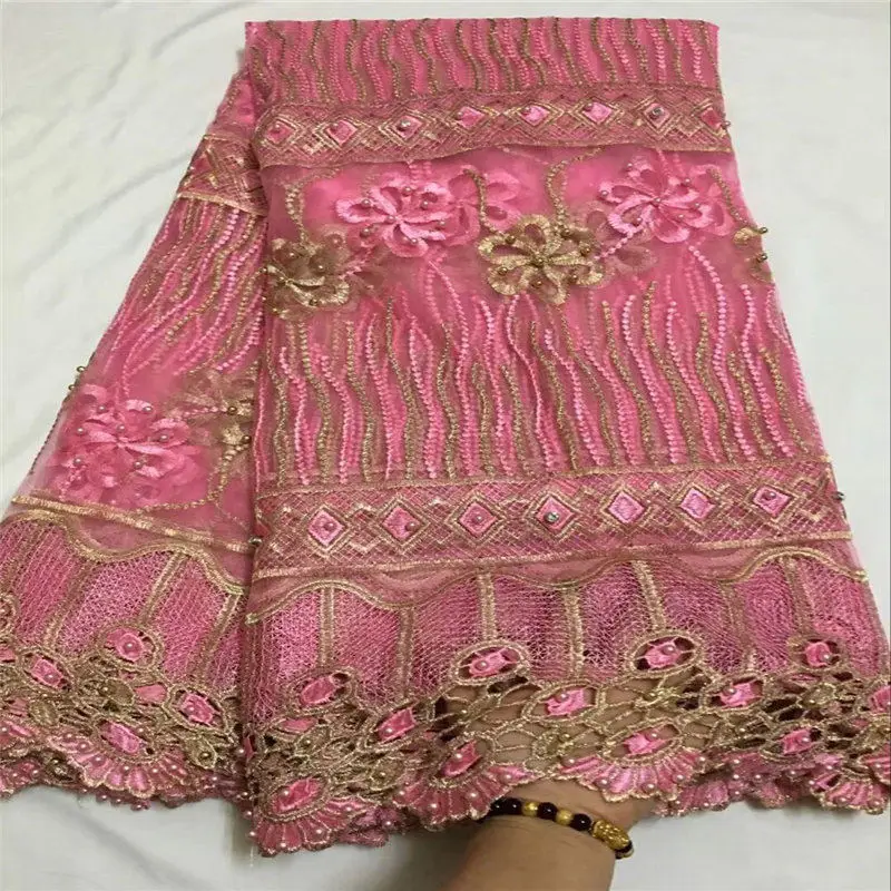 

TOP SELLING! African pink lace with beads 5 yards per lot lace fabric soft good looking design french lace fabric
