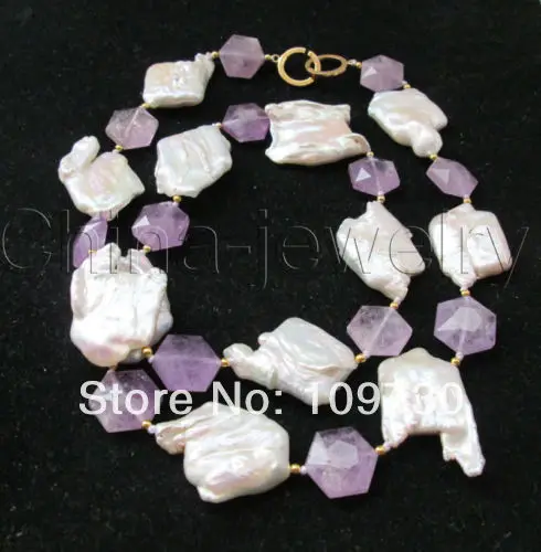 

Jewelry 002596 30"37mm white Reborn Keshi baroque freshwater pearl necklace + amethyst necklace
