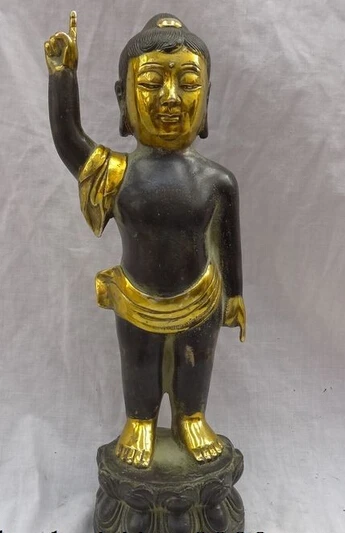 

JP S0114 13" Chinese Bronze Gilt Kid Child Lotus Tibet Shakyamuni Buddha Up Sky Statue Discount 35%