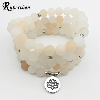 

Ruberthen Matte Pink Aventurine Women`s Yoga Bracelet Healing 108 Mala Balance Bracelet Lotus Charms Head Spiritual Jewelry