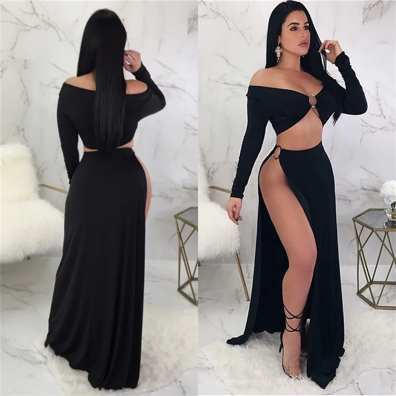 

2018 Summer Metal Ring Decoration Tops High Slit Skirt Two Piece Sets Sexy High Slit Women Nightclub Dress Suit