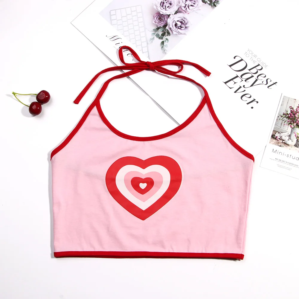 

Pink Love Heart Print Halter Tie Crop Top Female Backless Camisole Women Summer Solid Casual Tank Tops