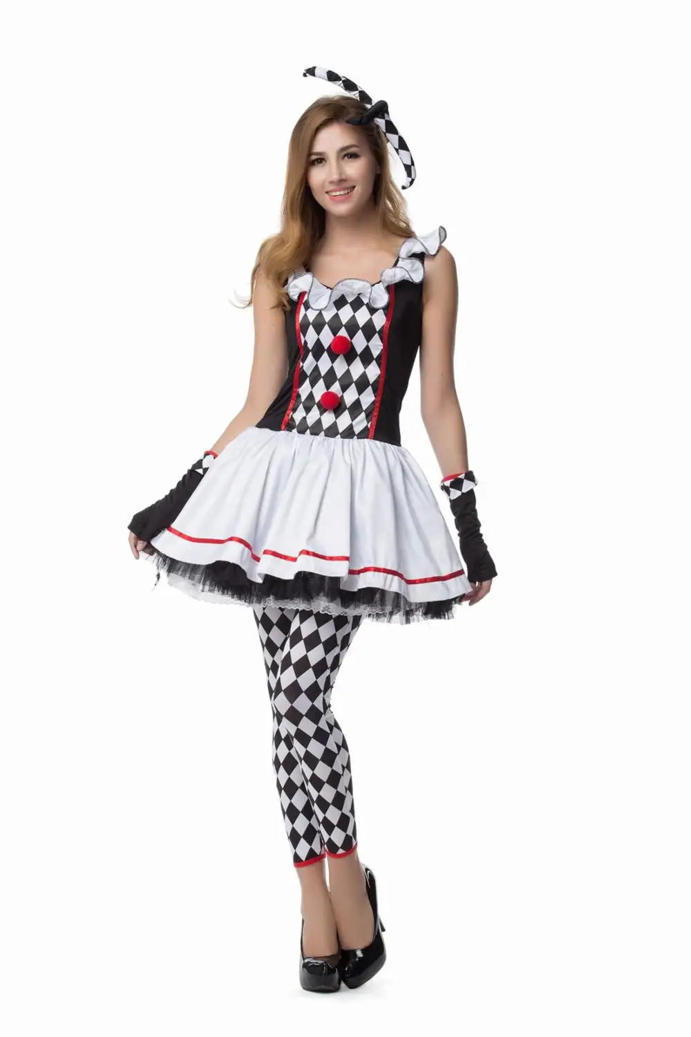 Circus Clown Harley Quinn Costume Tee Dress w//Small Bells for Halloween Cosplay