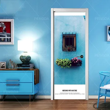 

3D Print Self Adhesive Small Town Outside the Window Picture Decal Home Decor Waterproof Paper For Living Room Door Art Sticker