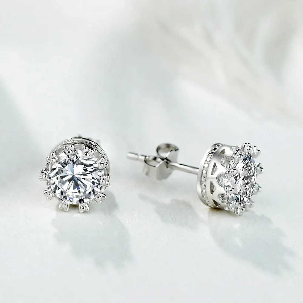 Girls Crown Crystal Ear Studs 925 Sterling Silver