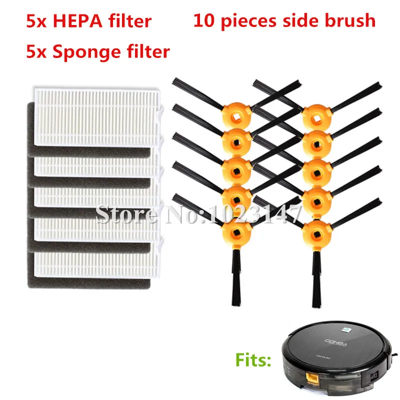 10x Robot Side Brush +5x HEPA Filter + 5x Sponge Filters for CONGA