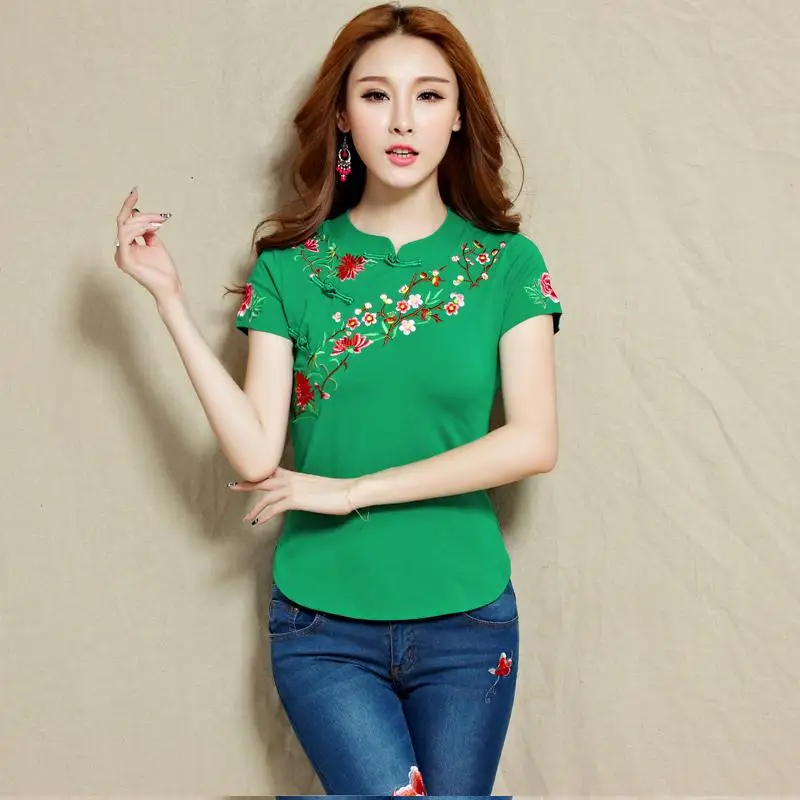 Китайская Этническая женская футболка с вышивкой, хлопок, плюс размер, летние топы с коротким рукавом, футболки, одноцветная белая женская одежда - Цвет: Зеленый