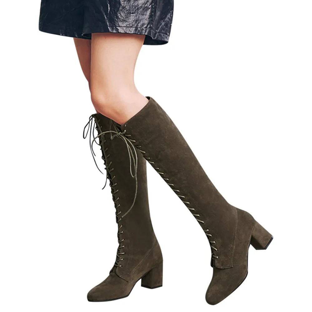 

New Flock Leather Women Over The Knee Boots Lace Up Sexy High Heels Women Shoes Lace Up Winter Boots Warm Size 35-43