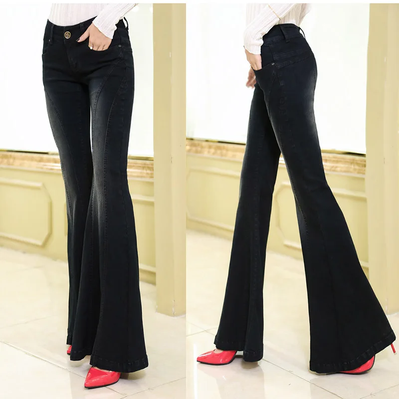 KOZONHEE Stretch Elastic Black Flare Jeans Women Long Stretching Bell-Bottoms Jeans For Girls Trousers Women Jeans Large Size KOZONHEE Stretch Elastic Black Flare Jeans Women Long Stretching Bell-Bottoms Jeans For Girls Trousers Women Jeans Large Size