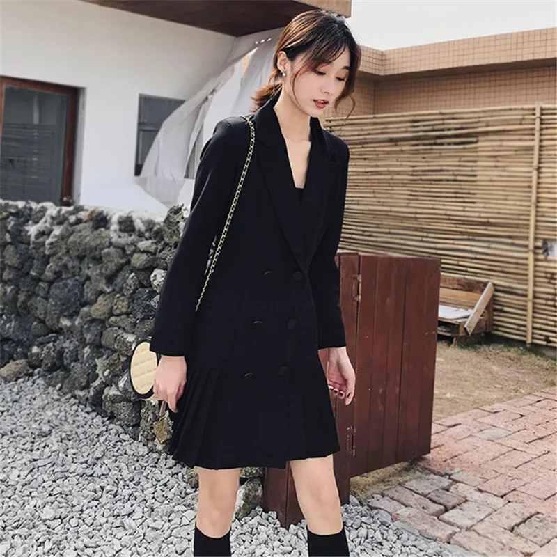 

CBAFU formal blazer dresses for women double breasted lace flare sleeve office lady party dress black fashion OL business P235
