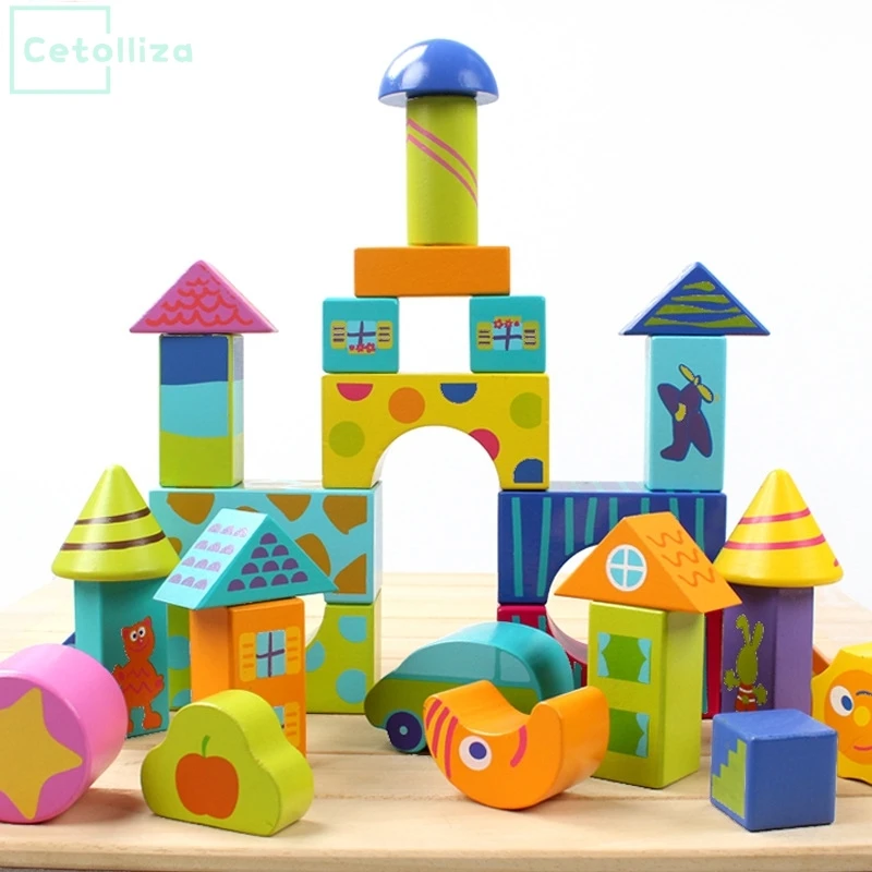 

50pcs Kids wooden Colorful blocks building blocks educational early learning Gift