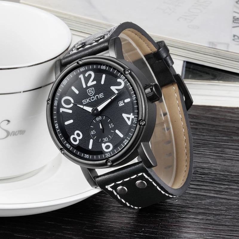 SKONE Brand Men's Military Watches Large Dial Big Digit Personality Second Hand Leather Wristwatch