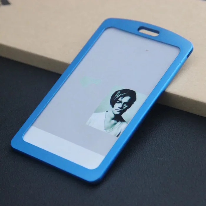 

New Arrival 1pcs Blue Color Aluminum Alloy Metal Vertical ID Badge Holder Bank Credit Card Bus Card Case Holders Stationery