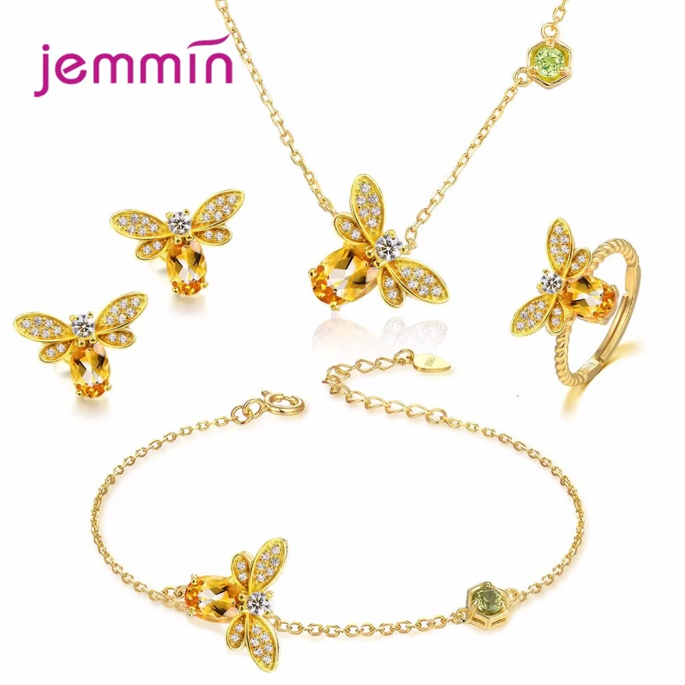 

New Arrival Women Fashion Full Sets Butterfly Jewelry 925 Sterling Silver Trendy Gold Color Bracelet Earrings Pendant Necklace